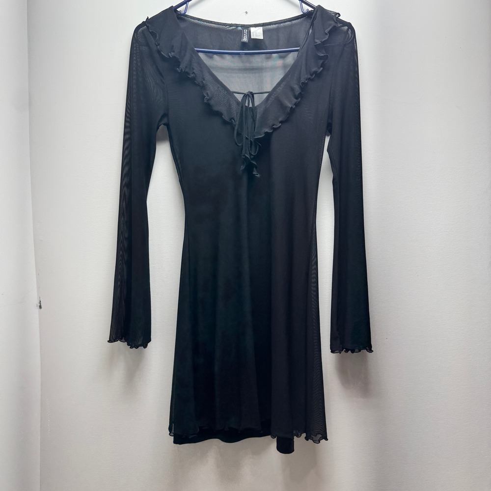 HM Divided Mesh Mini Dress Women XS Black Ruffle Tie Neck Sheer Bell Sleeve Goth